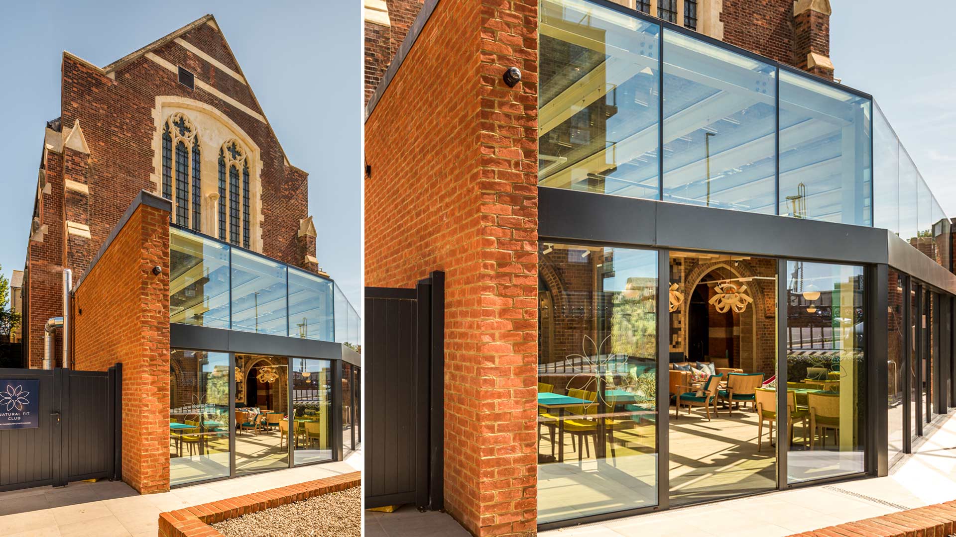 Natural Fit Hove exterior showing original church building with modern brisk and glass extension.