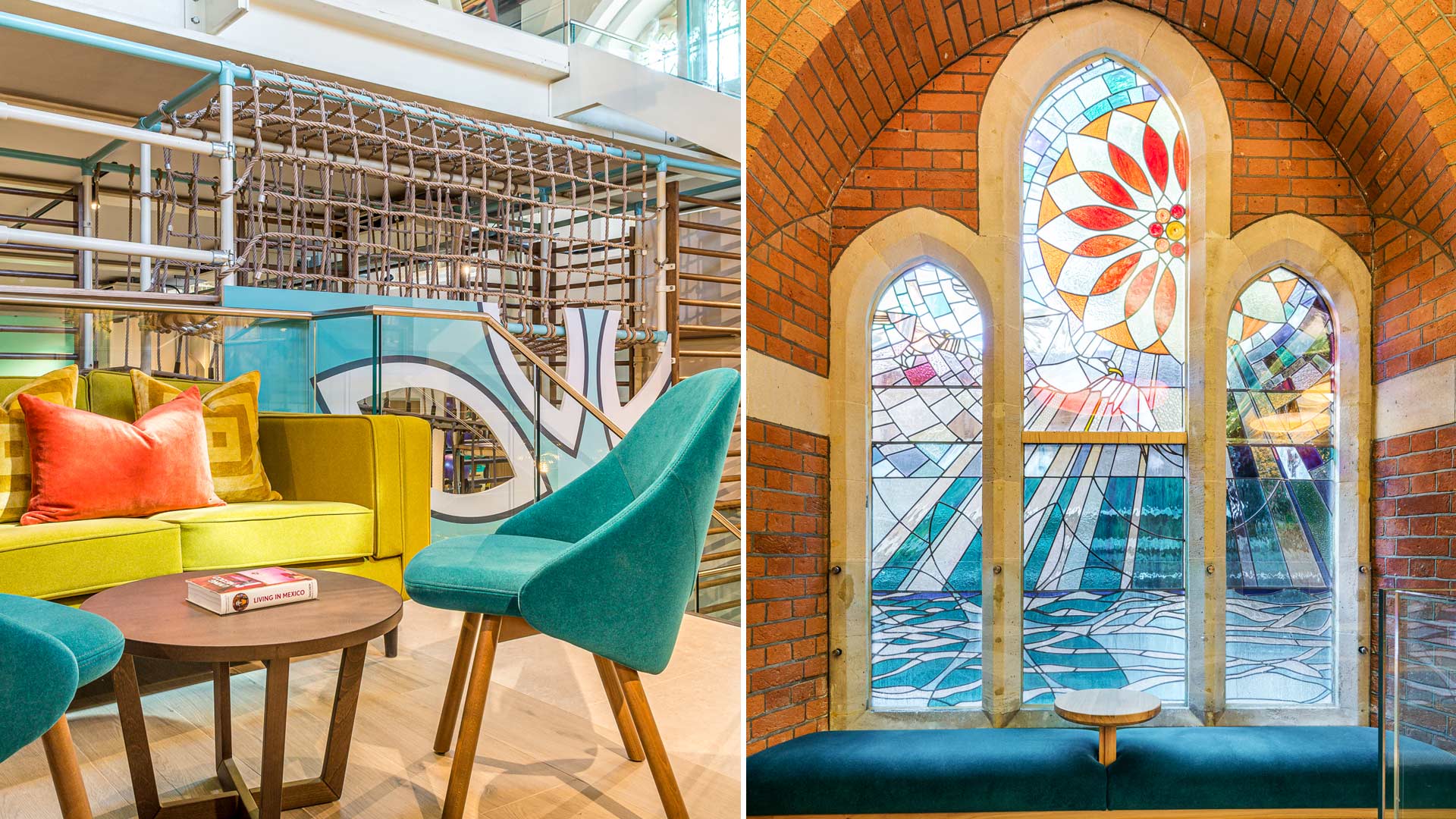 Architectural details of modern stained glass window and lounge