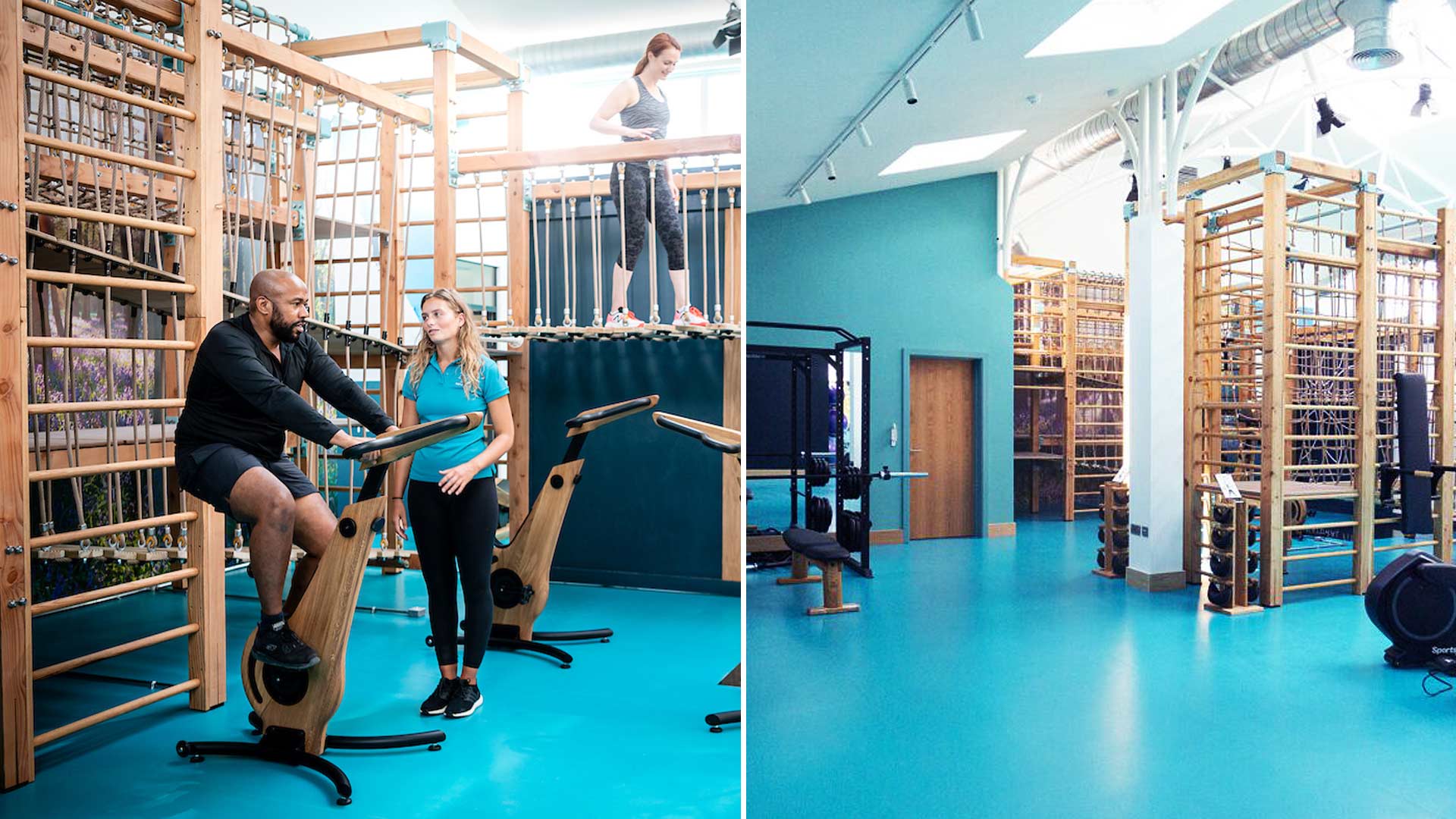 Image collage of fitness room with wooden climbing apparatus and people exercising'