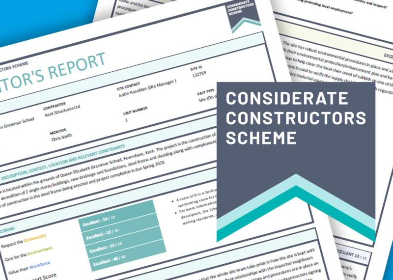 Image of Considerate Contractors Scheme logo and Monitors Report with Excellent rating