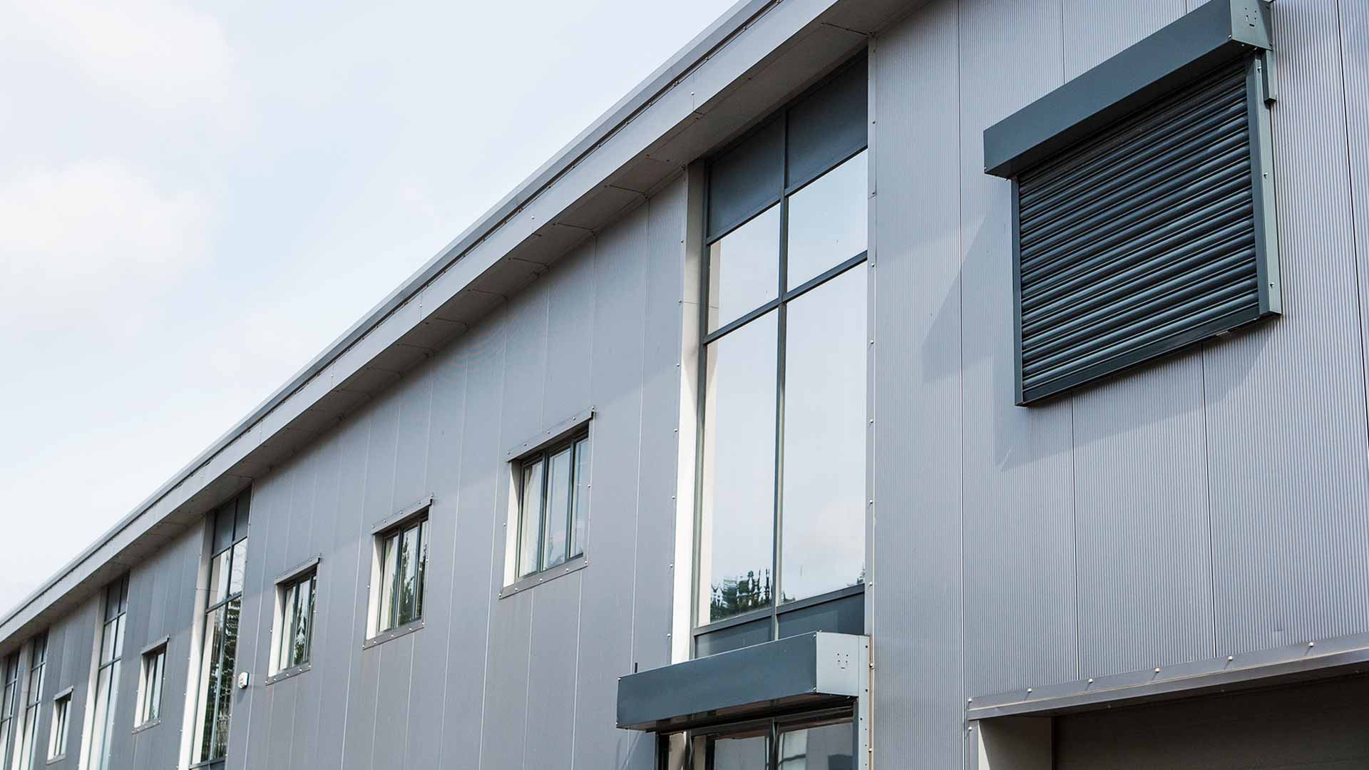 Detail of steel cladding on steel frame business units in Faversham.