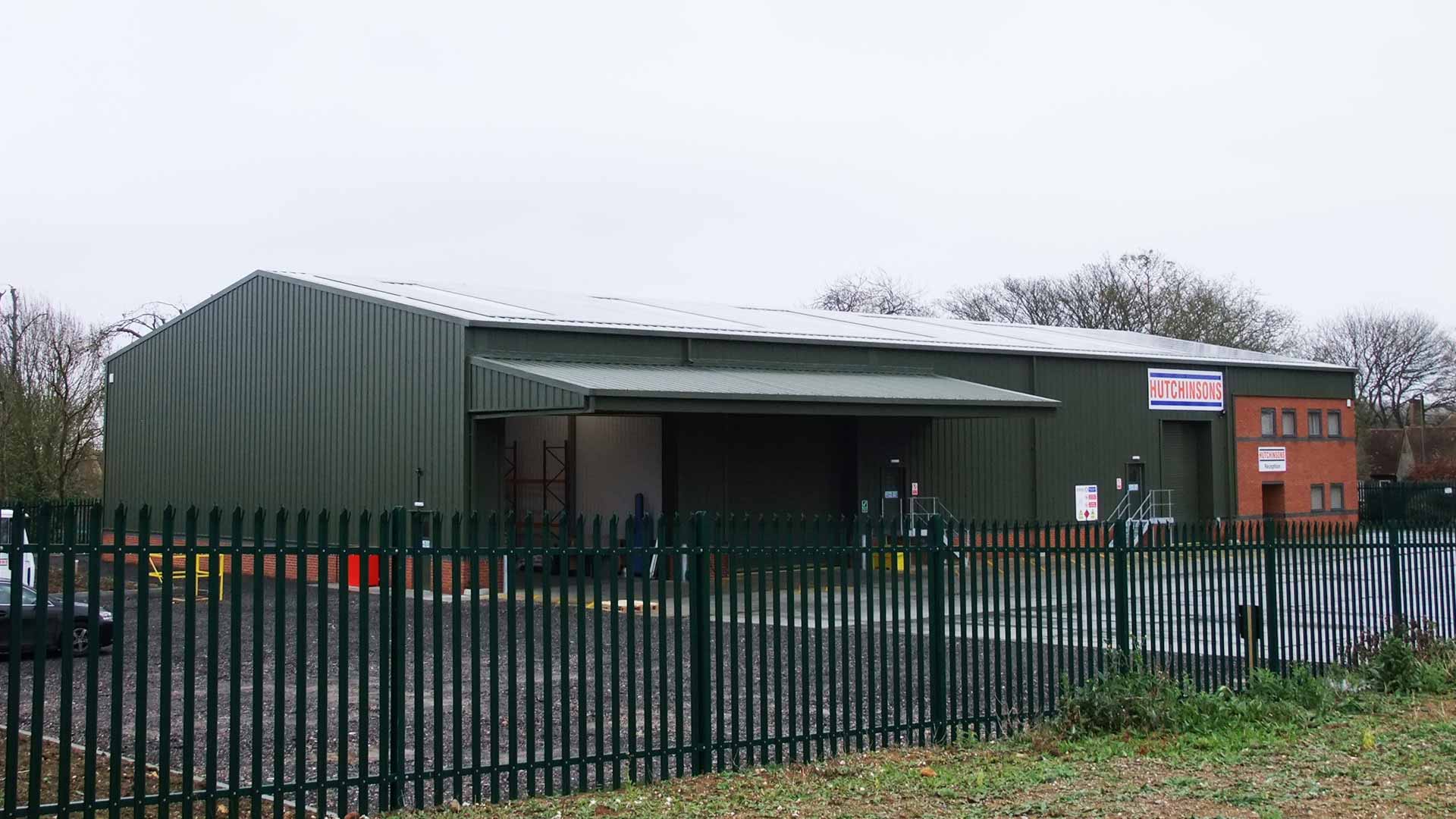Exterior of Hutchinsons Distribution steel frame building and yard in Canterbury.