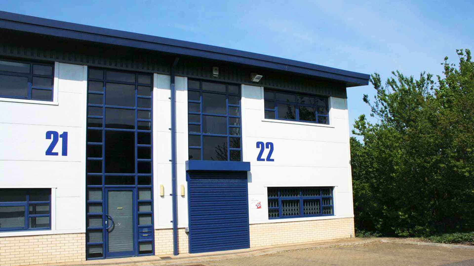 External view of two steel frame business units at Glenmore Business Park