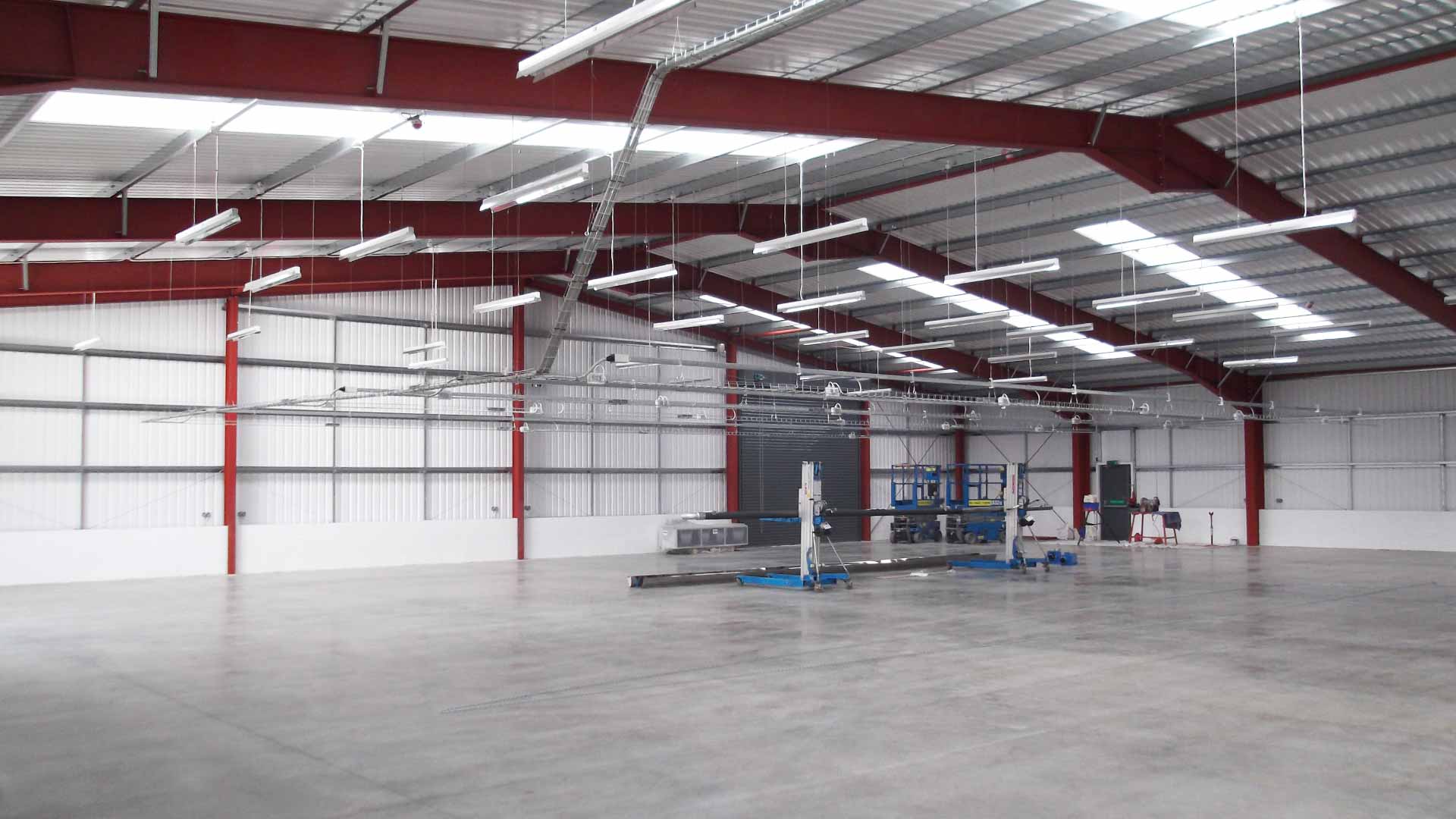 Interior of completed steel frame building at Hoo Marina Industrial Estate, Rochester.
