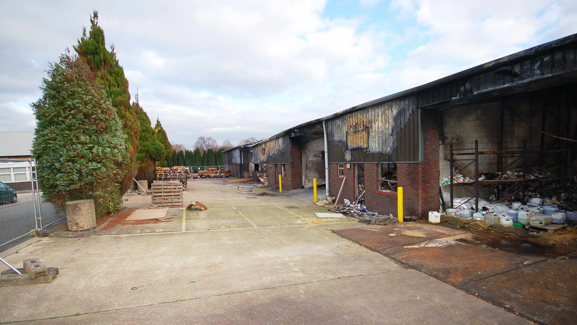 Image of burned out units at Hobbs Industrial in Surrey.