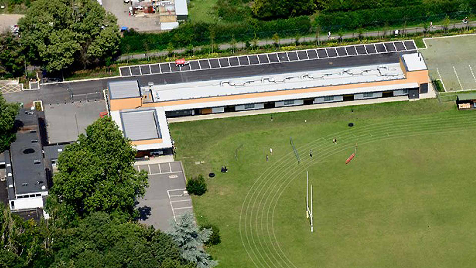 Aerial view of Barn Elms Sports Centre, London.