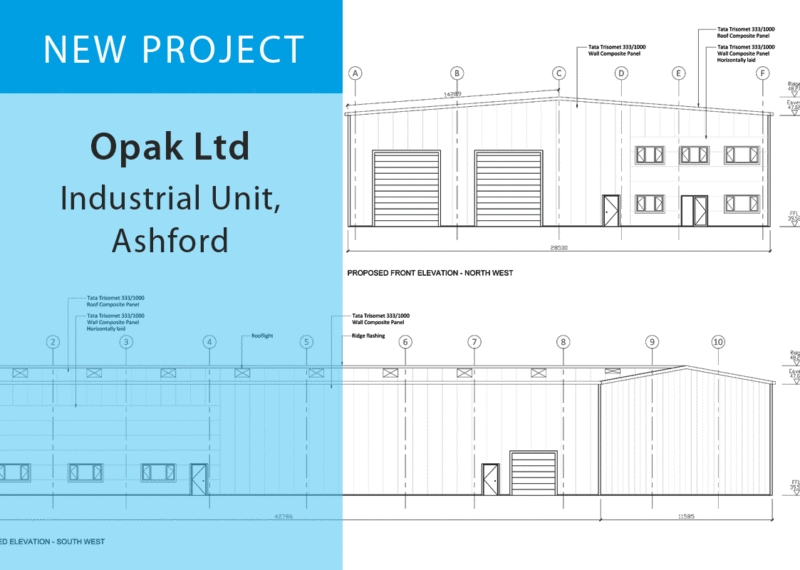 Technical drawings of industrial steel frame unit elevations with project title.