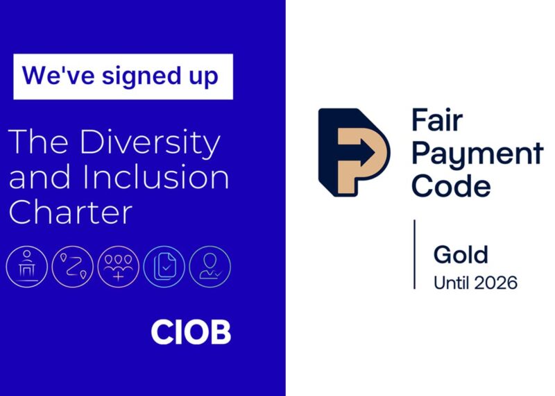 Graphic saying "We have signed up to the CIOB Diversity Charter." Also the Fair Payment Code logo.