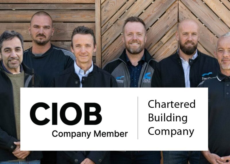 Photo of Kent Structures team overlaid with graphic reading 'CIOB Company Member, Chartered Building Company'.