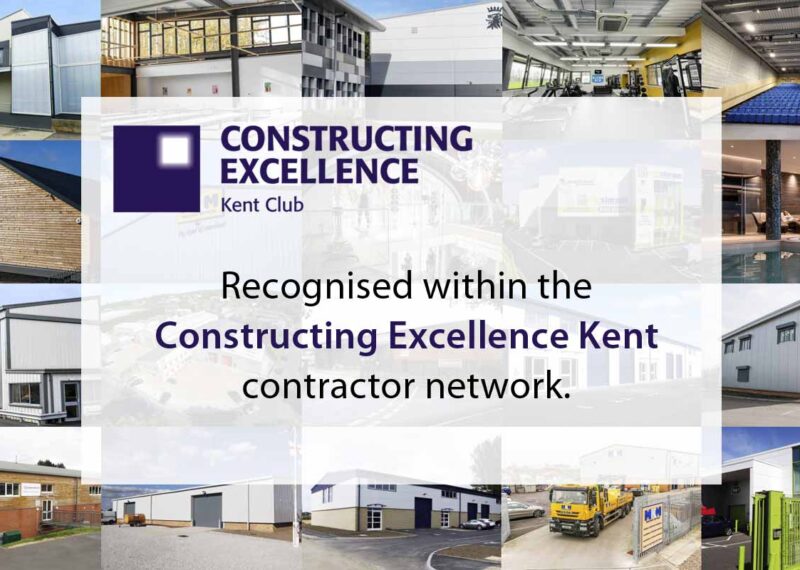 Collage of Kent Structures building projects. A graphic overlay has the Constructing Excellence Kent logo and text reading 'Recognised within the Constructing Excellence Kent contractor network