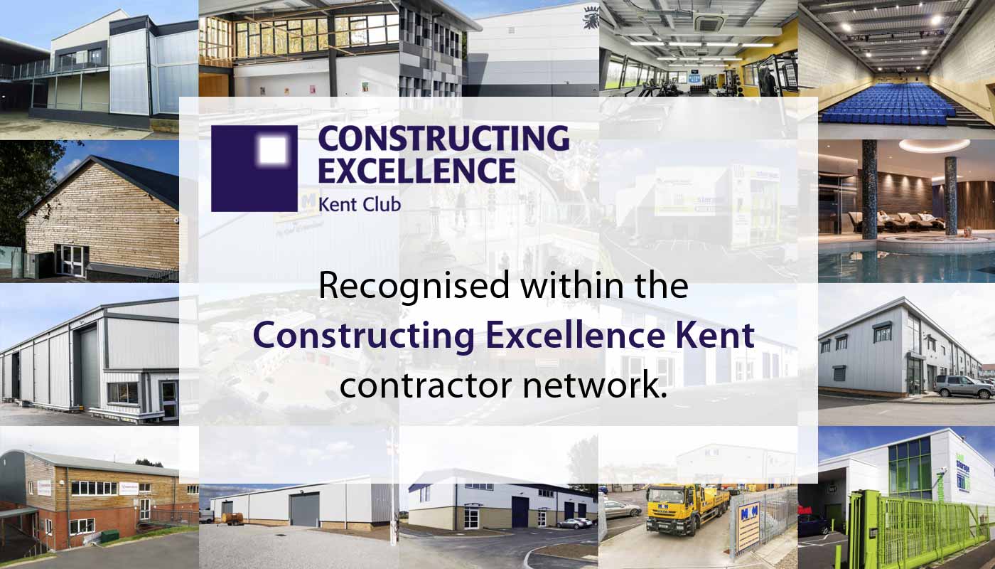 Collage of Kent Structures building projects. A graphic overlay has the Constructing Excellence Kent logo and text reading 'Recognised within the Constructing Excellence Kent contractor network