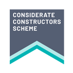 Considerate Contractors logo. A grey shield with mint green stripes. Text reads 'Considerate Contractors Scheme'.