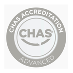 CHAS (Contractors Health and Safety Assessment Scheme) accreditation logo. A silver circle with text reading 'CHAS Accreditation - CHAS Advanced'.
