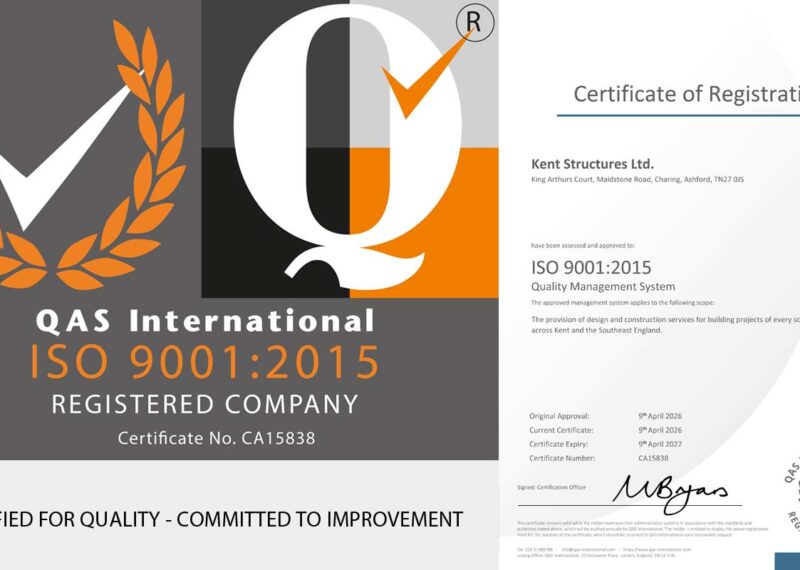 Image of Kent Structures ISO 9001 2015 certificate and ISO audit logo.