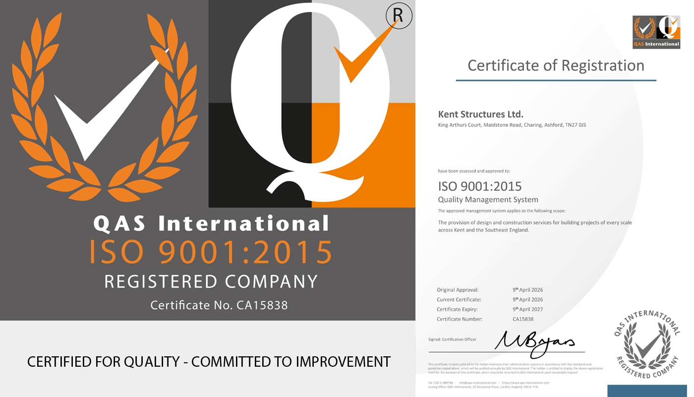 Image of Kent Structures ISO 9001 2015 certificate and ISO audit logo.