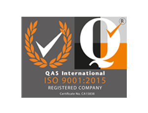 ISO 9001 Accreditation logo. Orange, black and grey logo with quality marks and text. It reads 'QAS International ISO 9001; 2015 Registered Company'.
