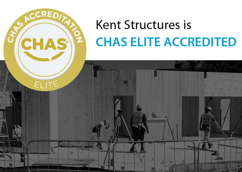 Construction site image with CHAS Elite logo and text 'Kent Structures is now CHAS Elite Accredited