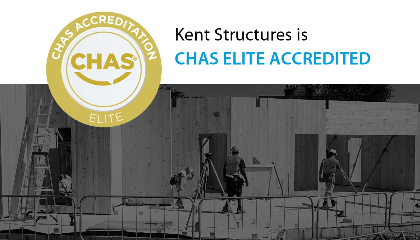 Construction site image with CHAS Elite logo and text 'Kent Structures is now CHAS Elite Accredited