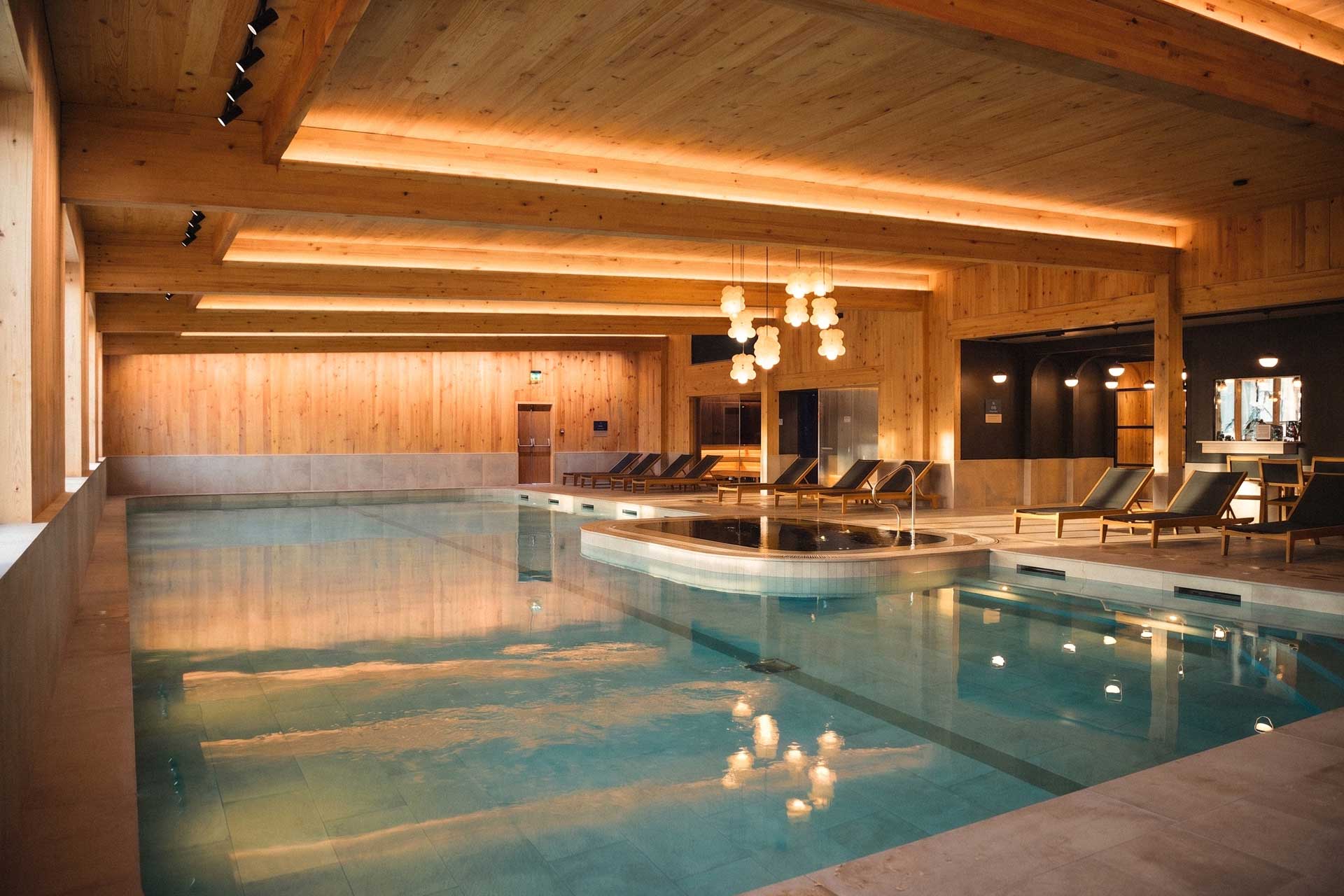 Modern CLT timber interior at Natural Fit Maidstne spa, jacuzzi and pool area.